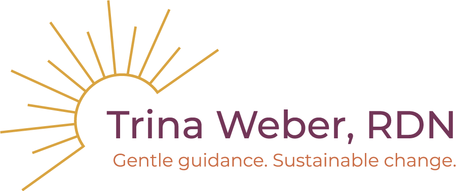 Stylized sun with rays next to text: “Trina Weber, RDN. Gentle guidance. Sustainable change.”.