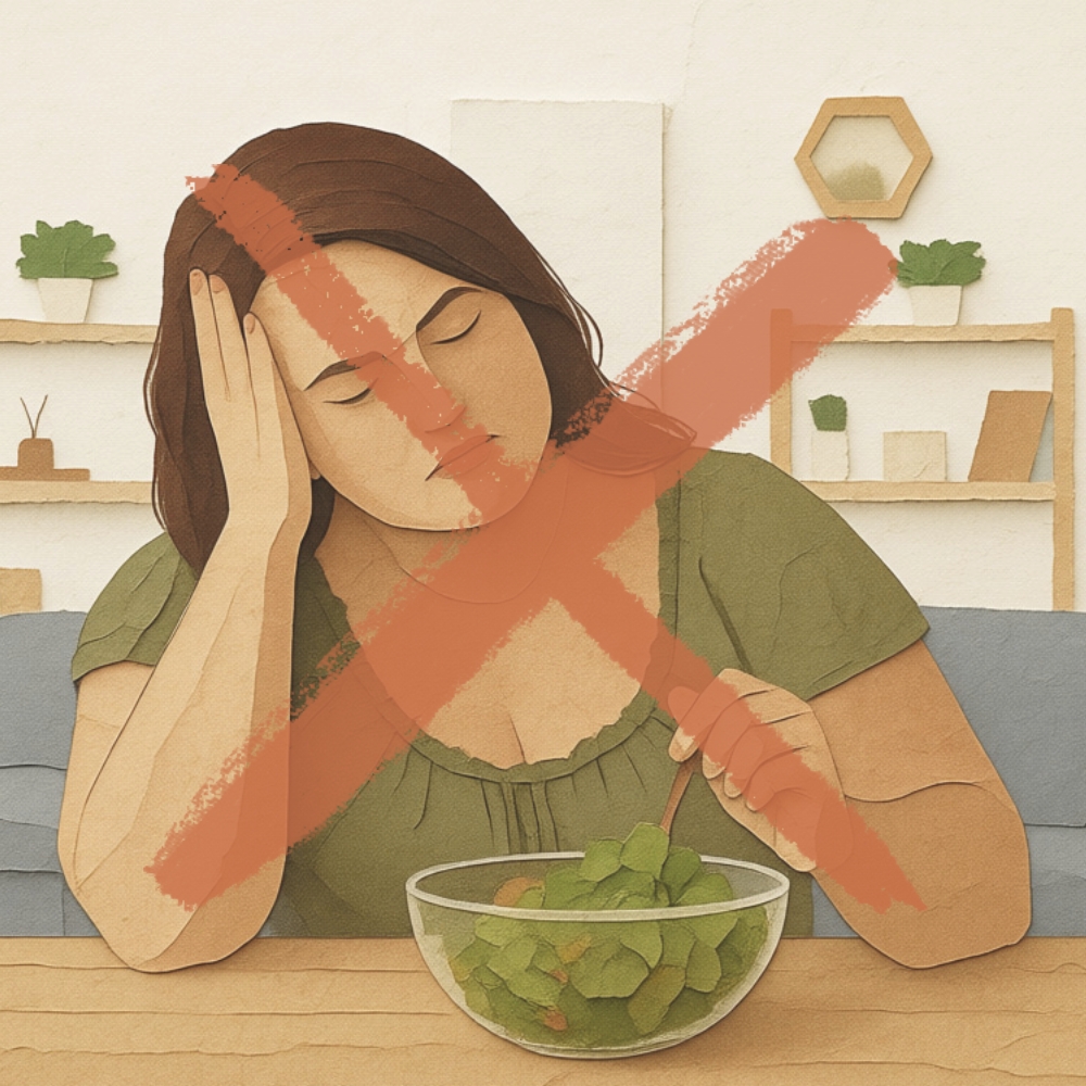 A woman looking unhappy with a salad, with a red X over the image, sitting at a table indoors.